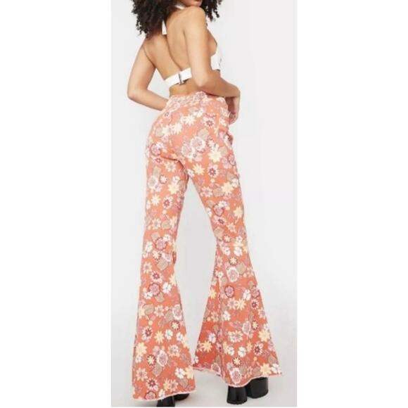 Altar’d State Cindy Retro Flare pant denim XS daisy pink coral floral bellbottom - Picture 8 of 8